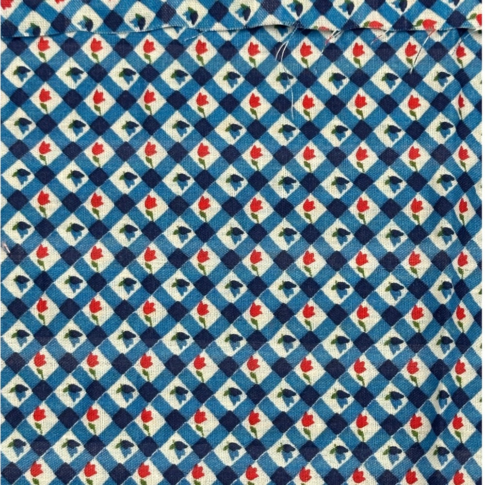 Vintage Blue Gingham Tulip Floral Cotton Fabric Remnant Lot‎ Patchwork Craft 35"